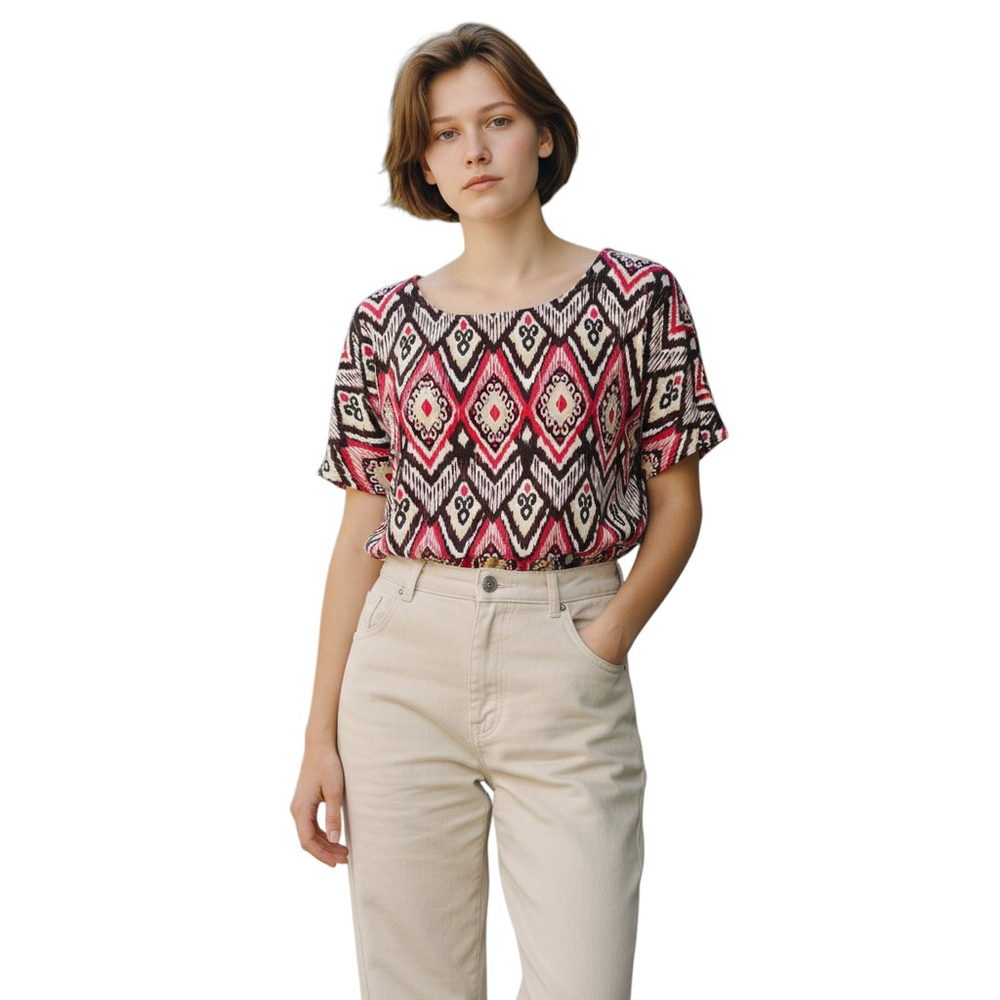 Chicos Blouse Women 3 US XL Red Geometric Diamond Boho Cuffed Maximalist Stretch